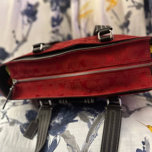 Coach Red Signature Hampton Satchel Handbag Red Leather Trim STYLE F13975. - Picture 7 of 16